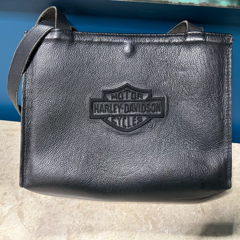 Harley-Davidson Black Leather Embossed Messenger Bag